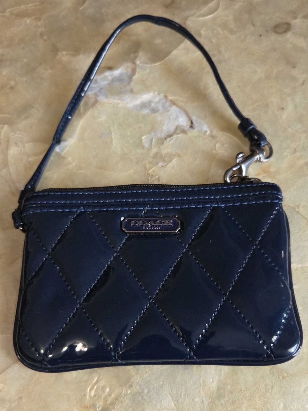 COACH Navy Quilted Patent Leather Wristlet